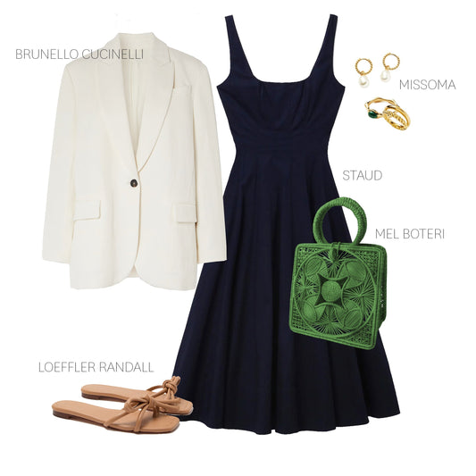 Woman style in a white cotton midi dress, tan sandals, and a Brunello Cucinelli linen blazer, carrying the handwoven Elisa Tote by Mel Boteri. A refined late summer outfit blending artisan craftsmanship with modern luxury.